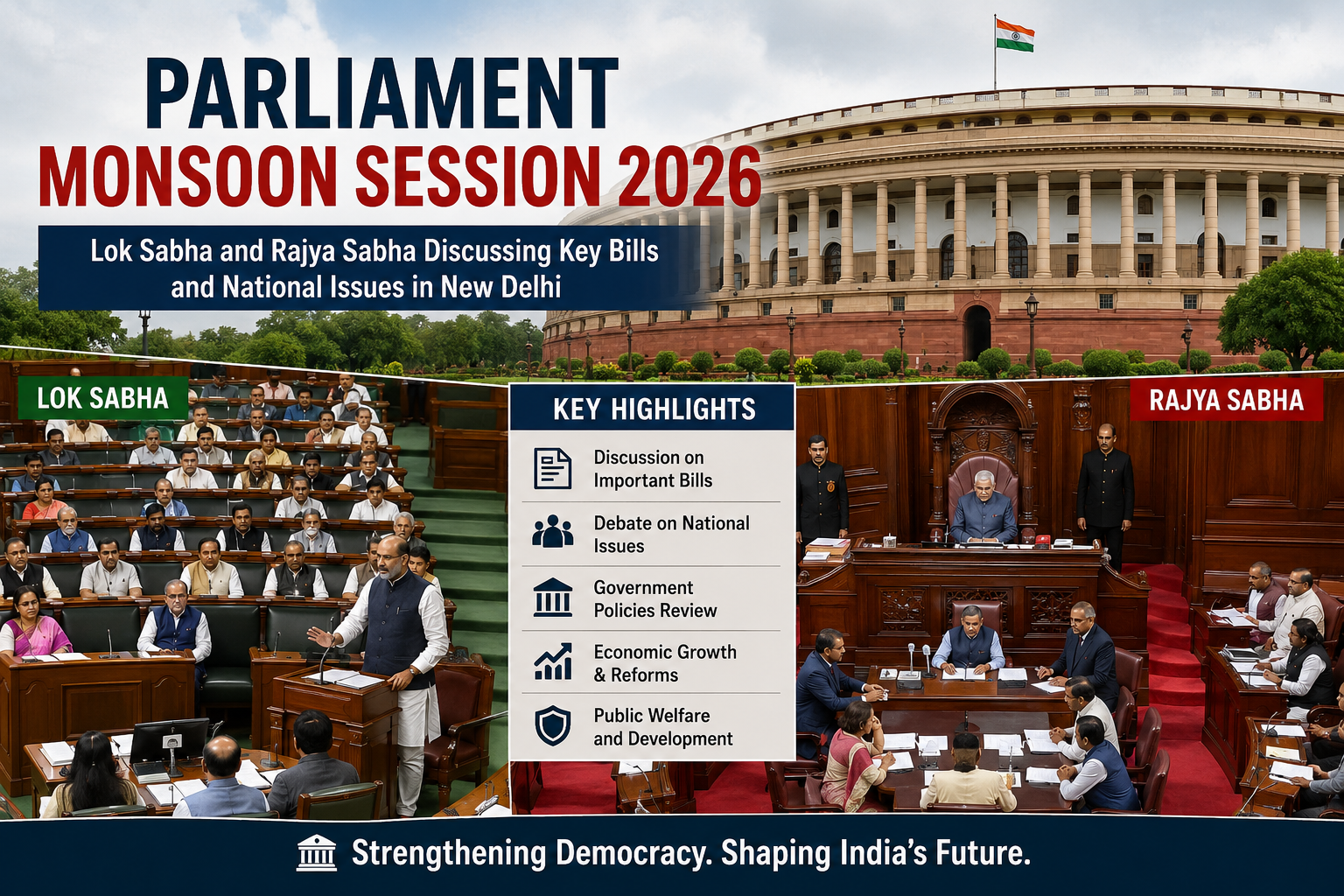 Parliament Monsoon Session 2026 with Lok Sabha and Rajya Sabha discussing key bills and national issues in New Delhi.