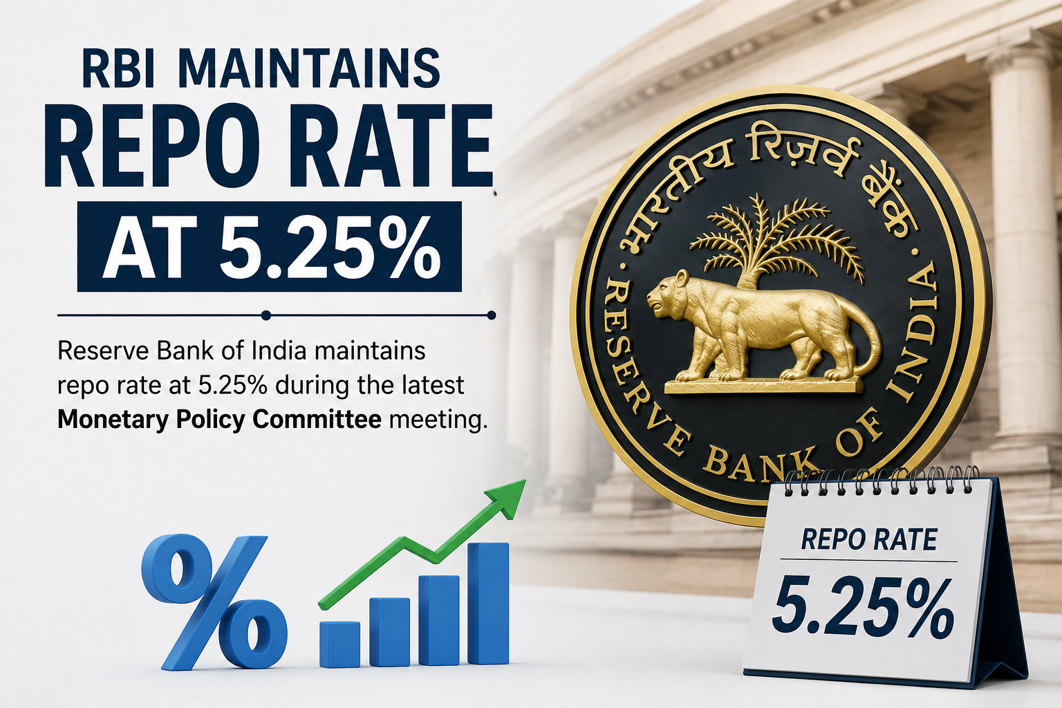 Reserve Bank of India maintains repo rate at 5.25% during the latest Monetary Policy Committee meeting.
