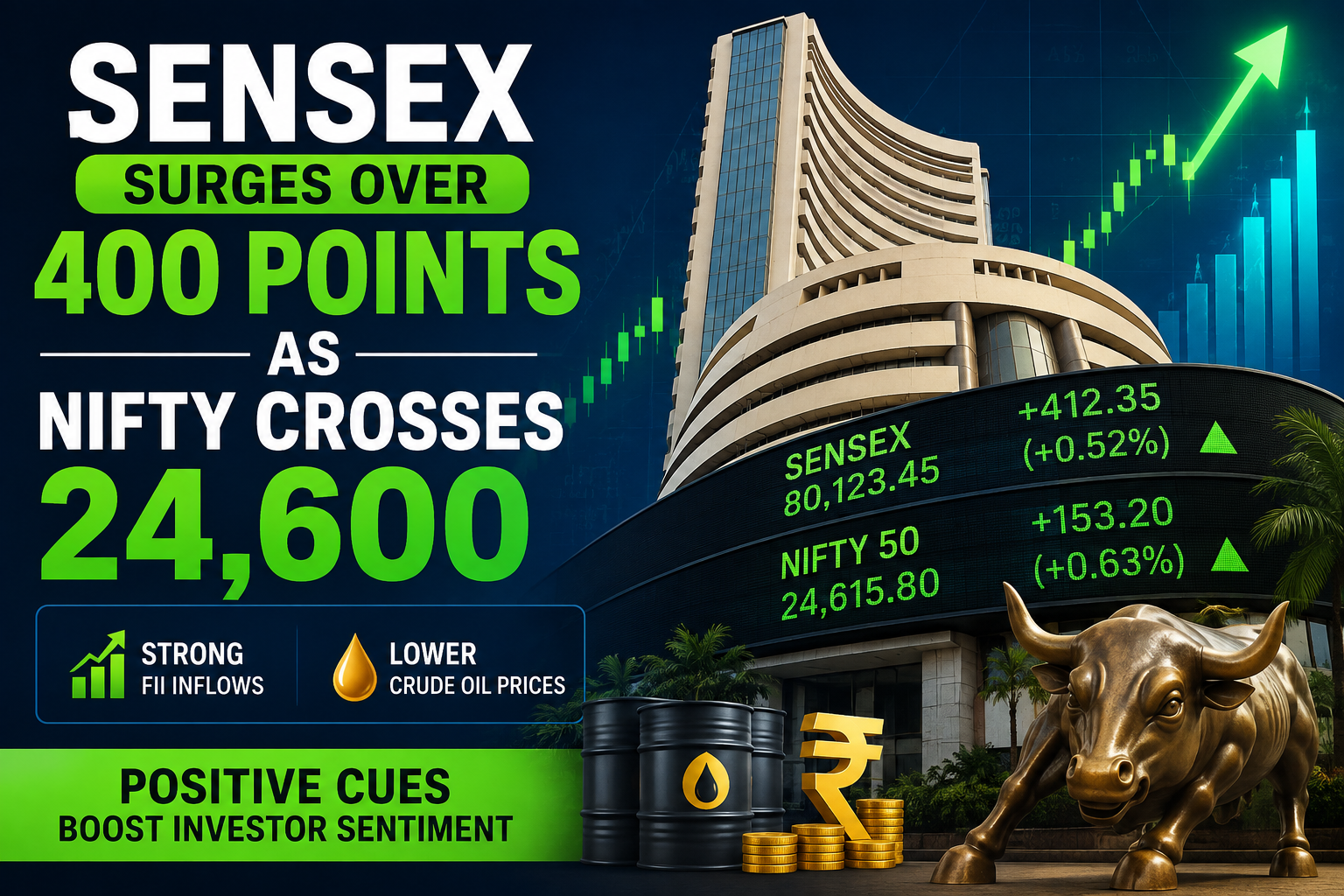 Sensex surges over 400 points as Nifty crosses 24,600 amid strong FII inflows and lower crude oil prices.