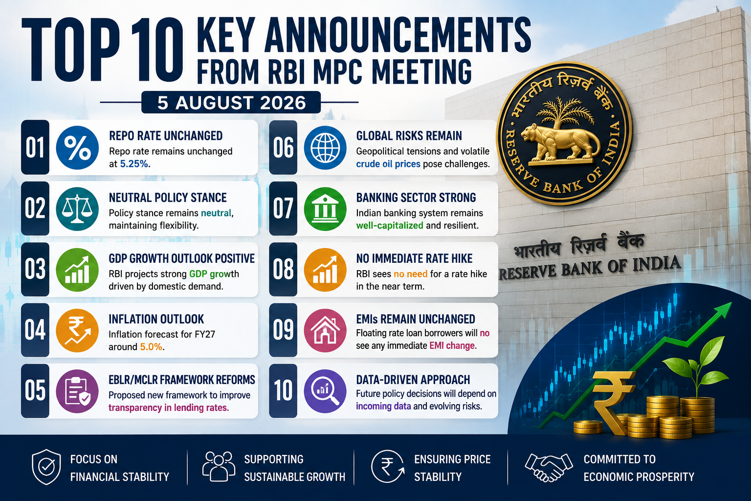 Top 10 key announcements from the RBI MPC Meeting on 5 August 2026, including the repo rate decision, inflation outlook, GDP forecast, and banking reforms.