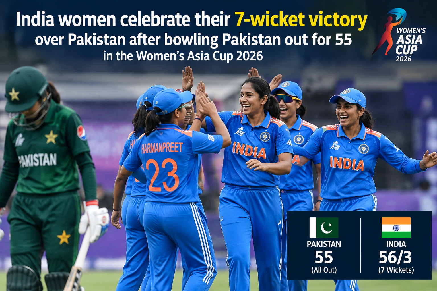 India women celebrate their 7-wicket victory over Pakistan after bowling Pakistan out for 55 in the Women’s Asia Cup 2026