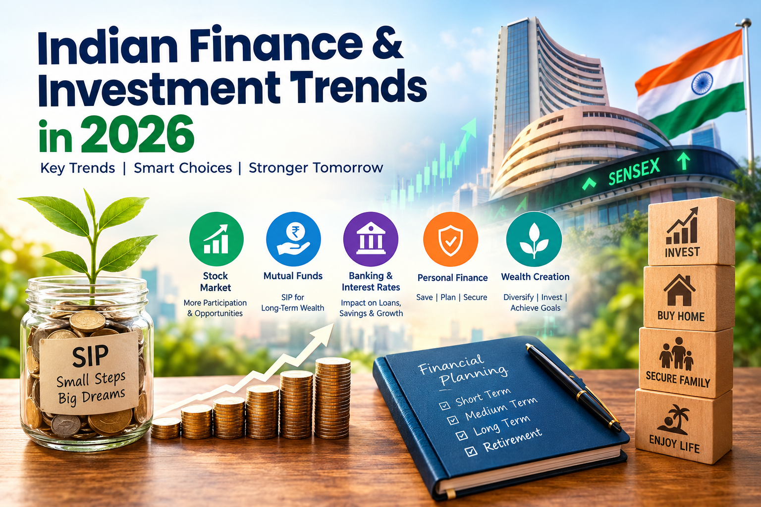Indian finance and investment trends in 2026 featuring the Sensex, stock market growth, mutual funds, SIP investment, banking, personal finance, wealth creation, and financial planning.