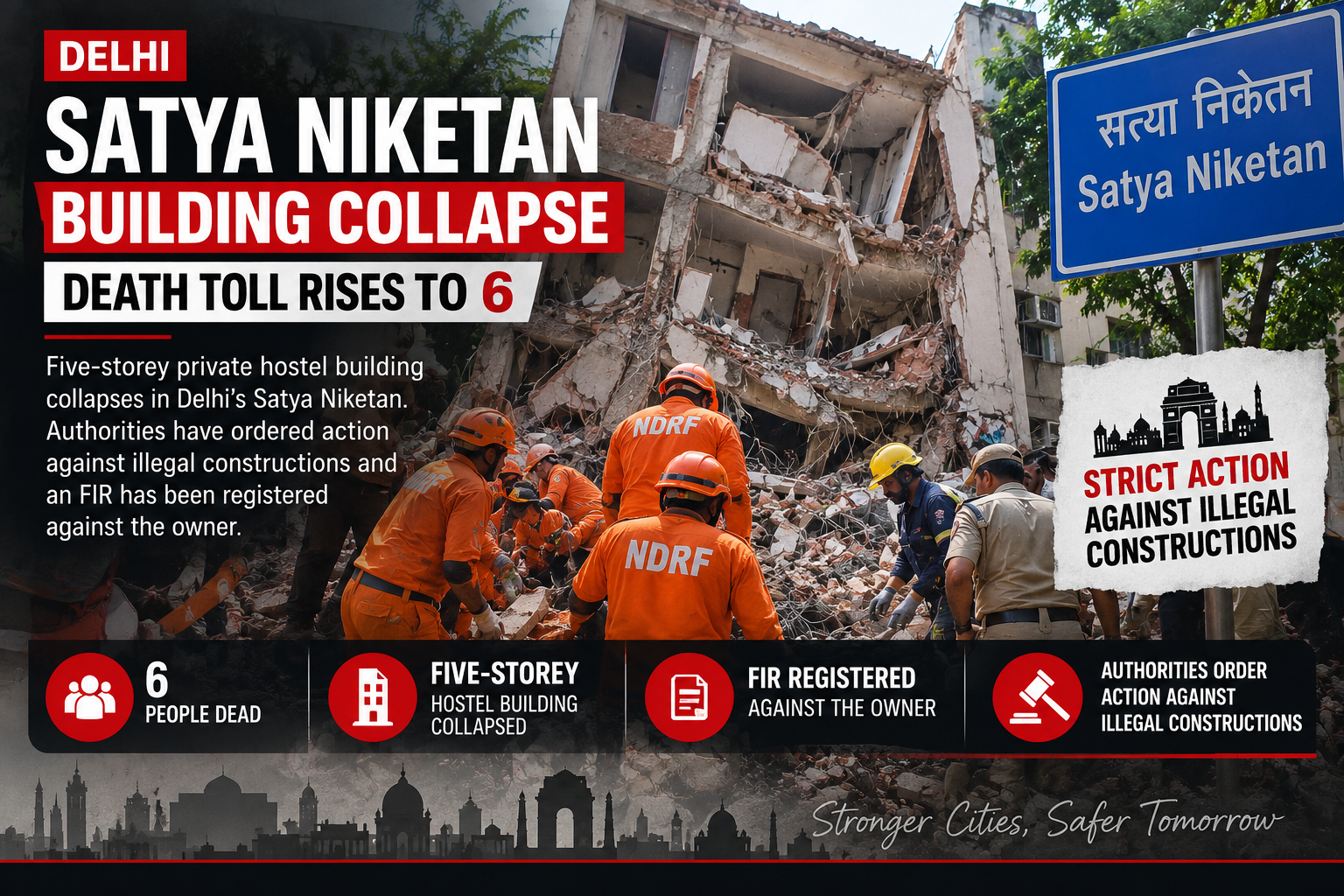 Delhi Satya Niketan five-storey hostel building collapse and rescue operation