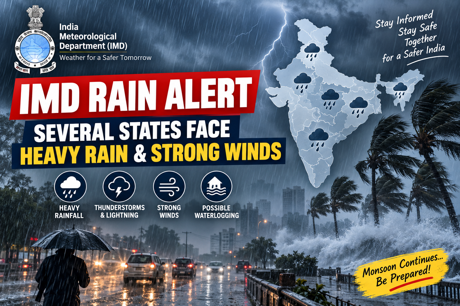 IMD rain alert for India showing heavy rainfall, thunderstorms and strong winds across several states