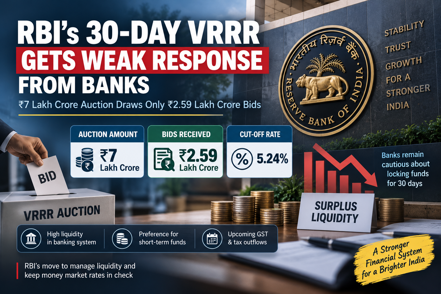 RBI’s ₹7 lakh crore 30-day VRRR auction receives only ₹2.59 lakh crore in bids from banks amid surplus liquidity