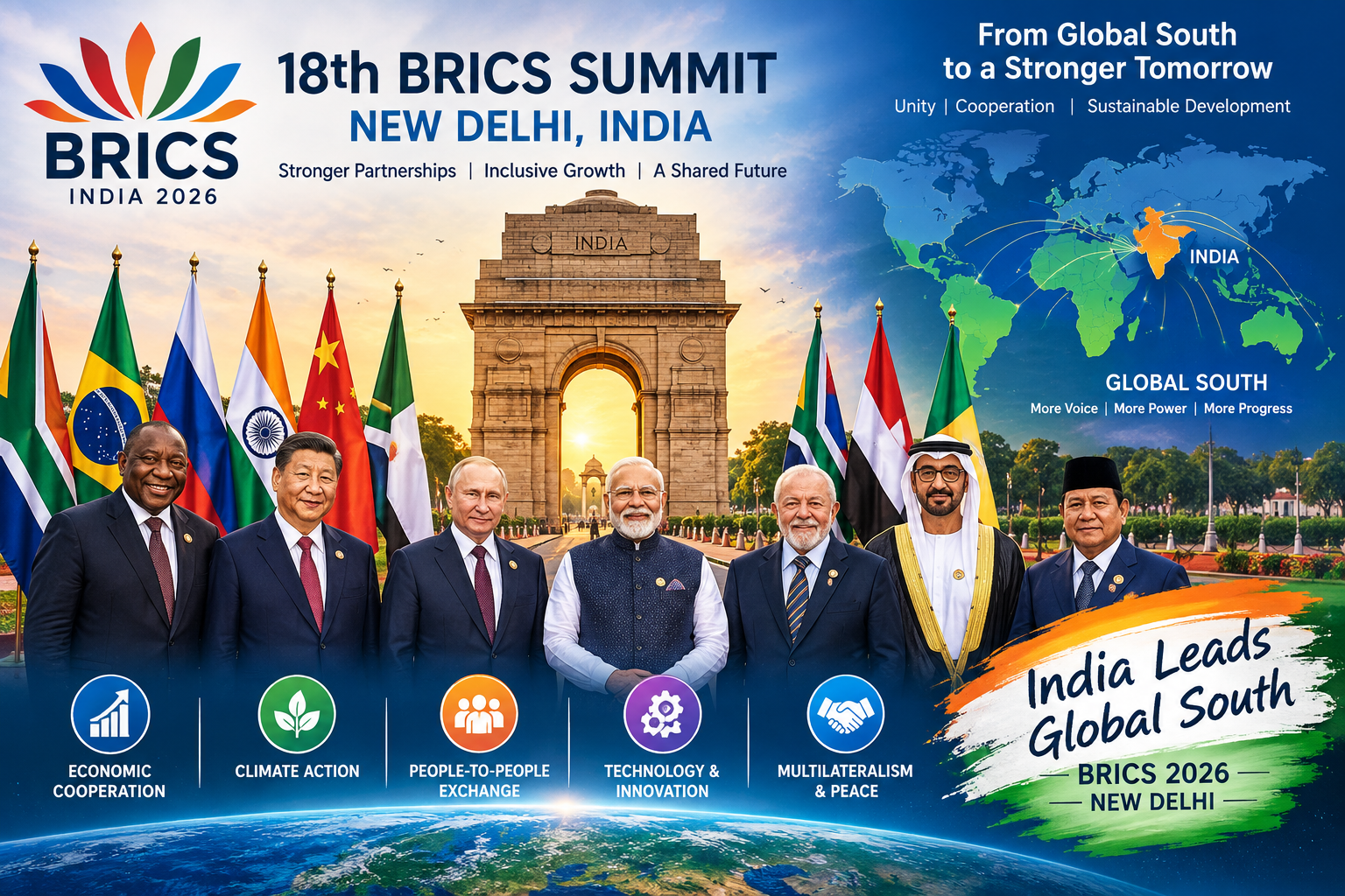 18th BRICS Summit 2026 in New Delhi featuring BRICS leaders, the India Gate, BRICS flags, and a global map highlighting India’s leadership and the Global South.