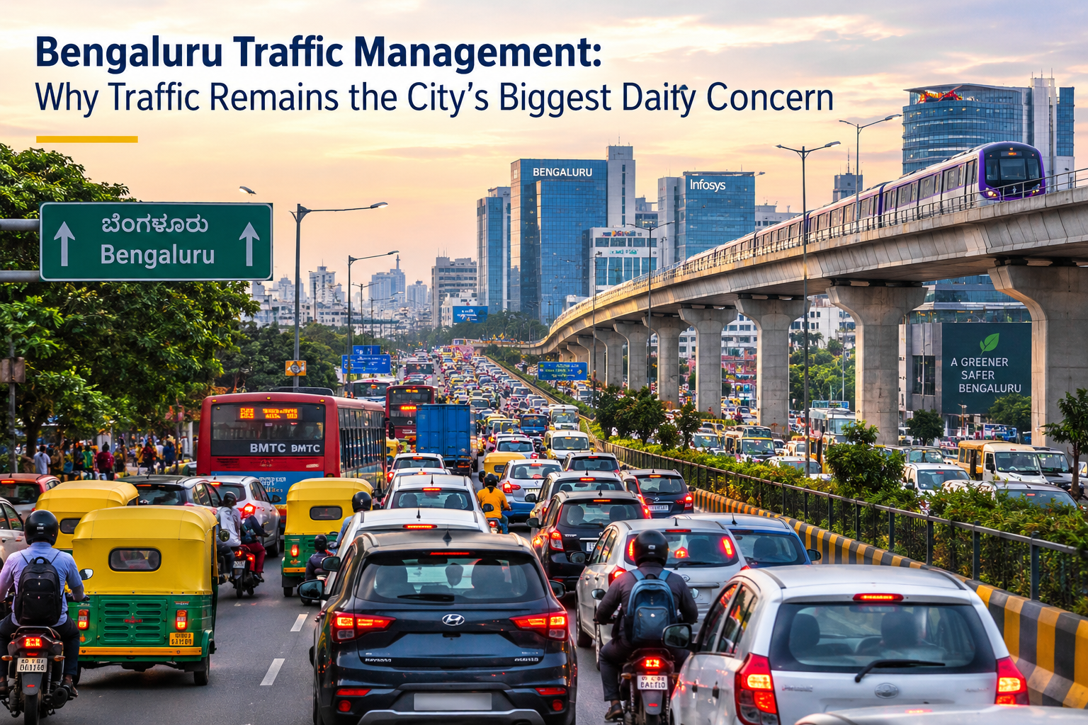 Heavy traffic congestion on Bengaluru roads with vehicles, flyovers and traffic signals during peak hours