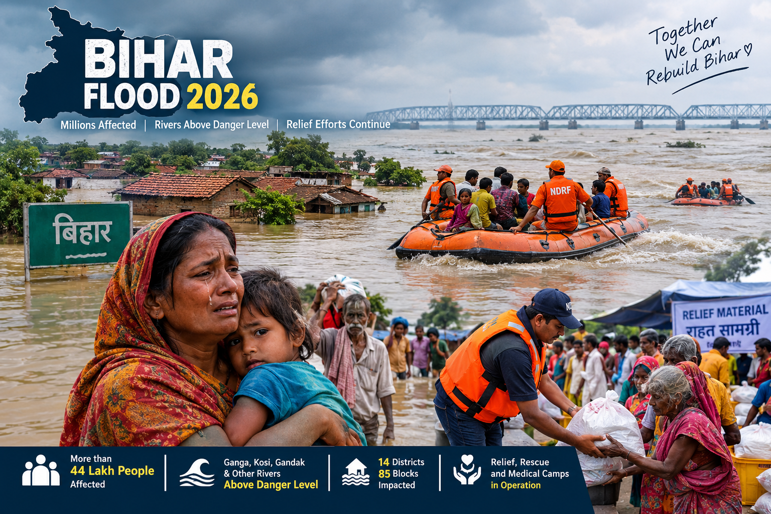 Bihar Flood 2026 showing flooded villages, rising Ganga river waters, rescue boats, affected residents, and relief operations across Bihar.