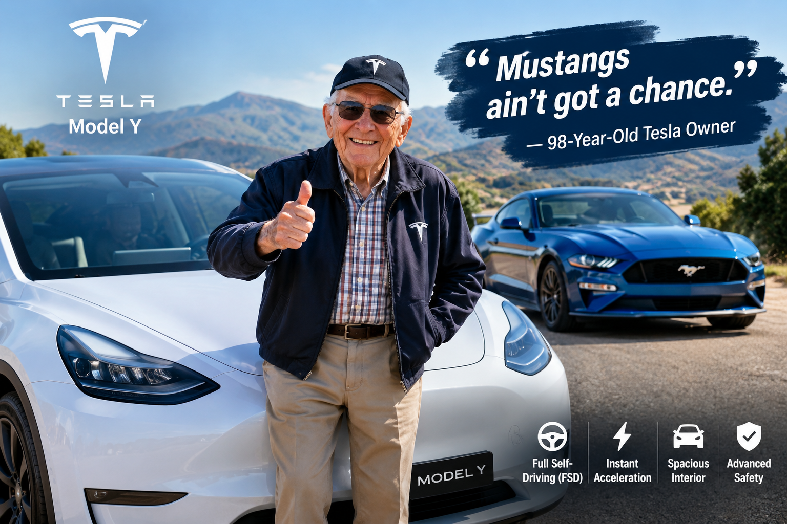 98-year-old car enthusiast with Tesla Model Y and Full Self-Driving, joking that Mustangs “ain’t got a chance”