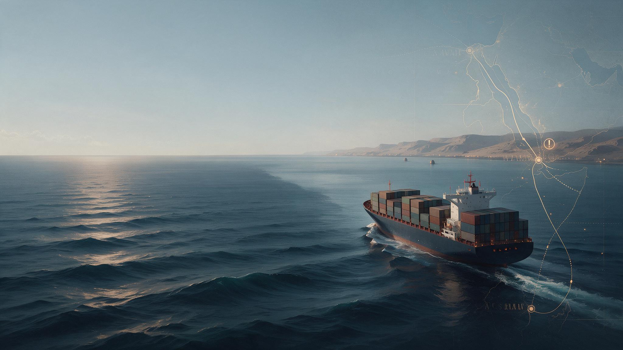 “Cargo vessel navigating the Red Sea near the Bab el-Mandeb Strait during heightened maritime security risks.”