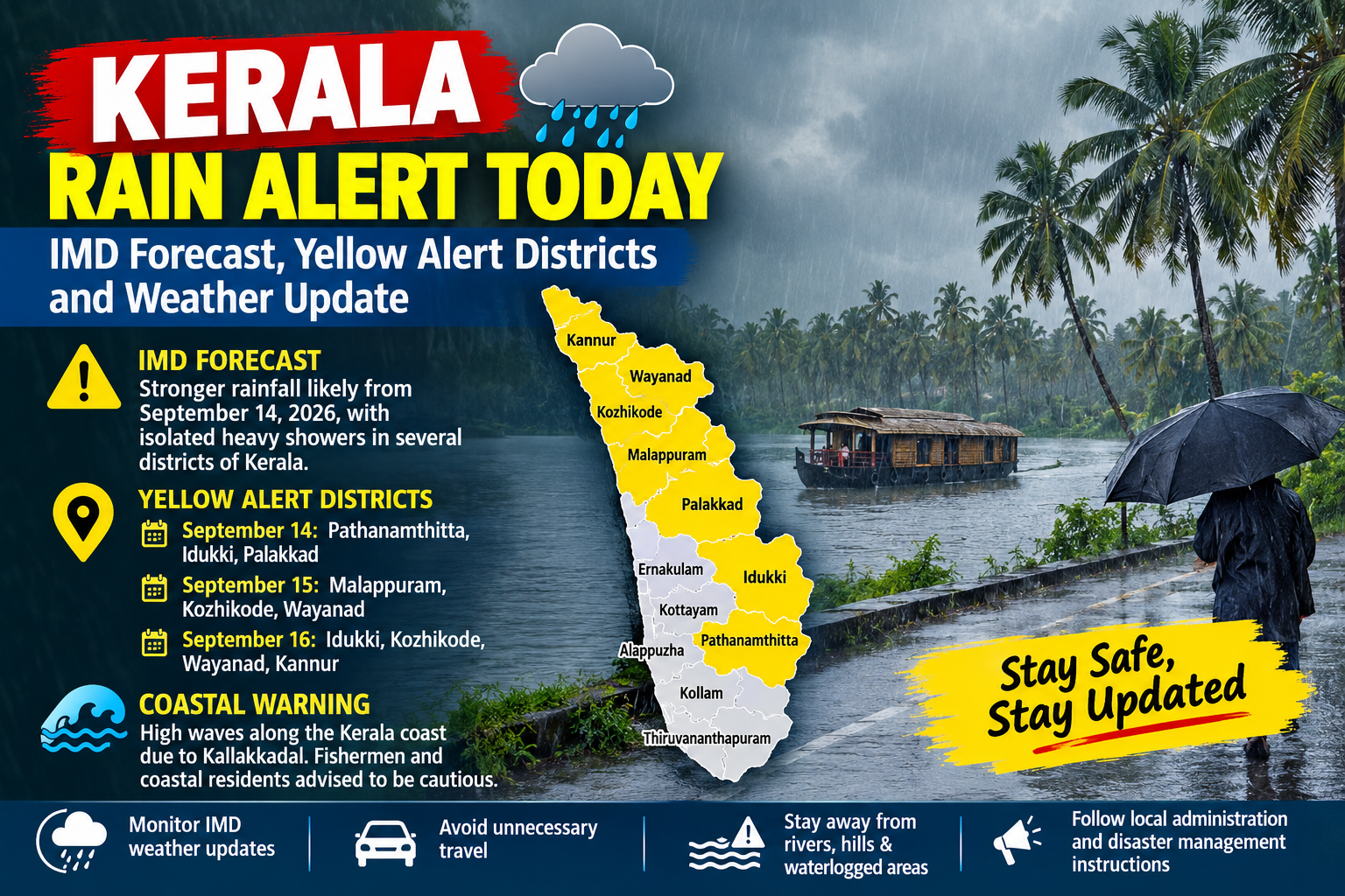 Kerala rain alert today showing IMD weather forecast, yellow alert districts, heavy rainfall, Kerala map, and coastal warning.