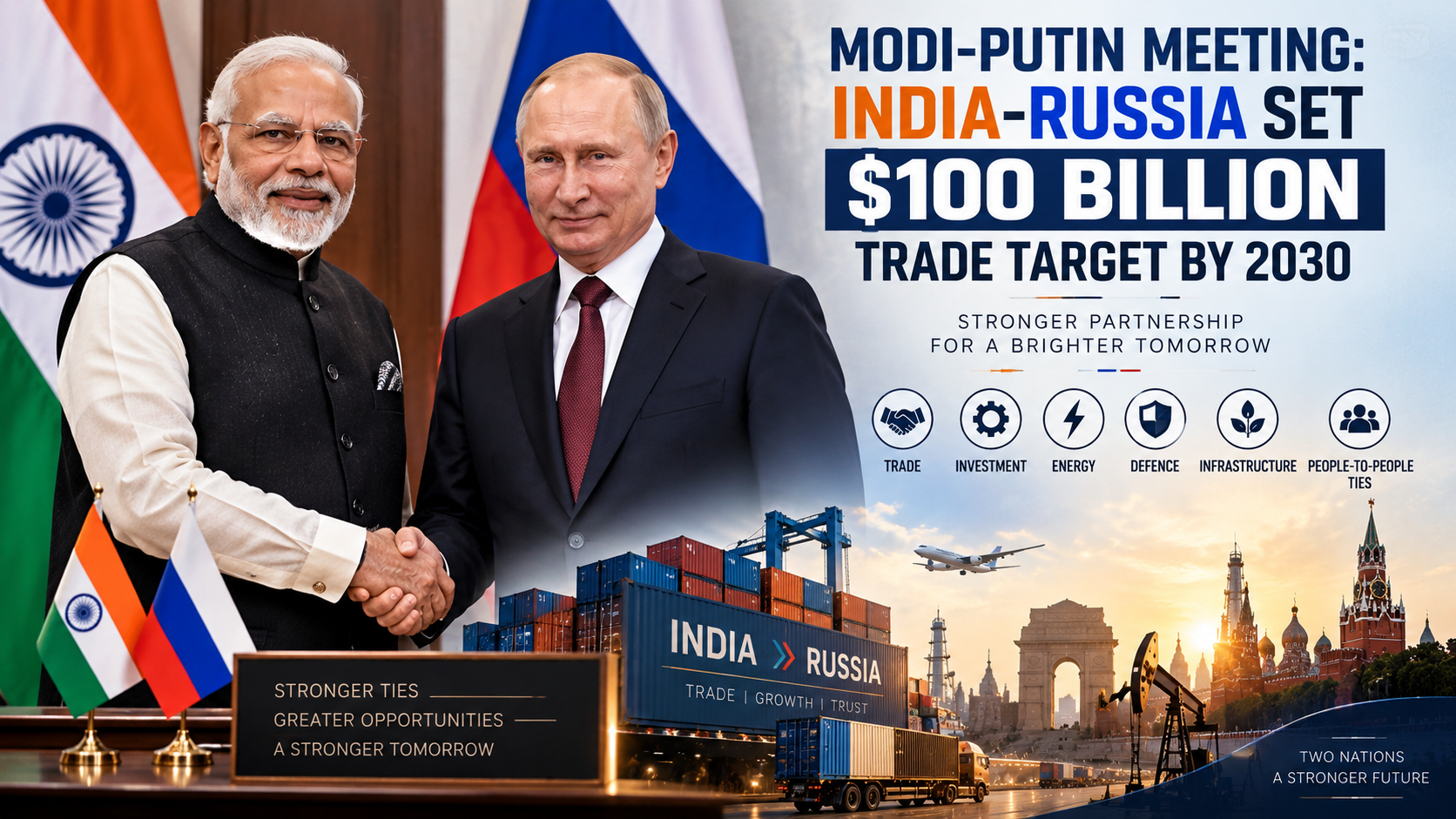 Prime Minister Narendra Modi and Russian President Vladimir Putin discuss stronger bilateral ties and a $100 billion India-Russia trade target by 2030