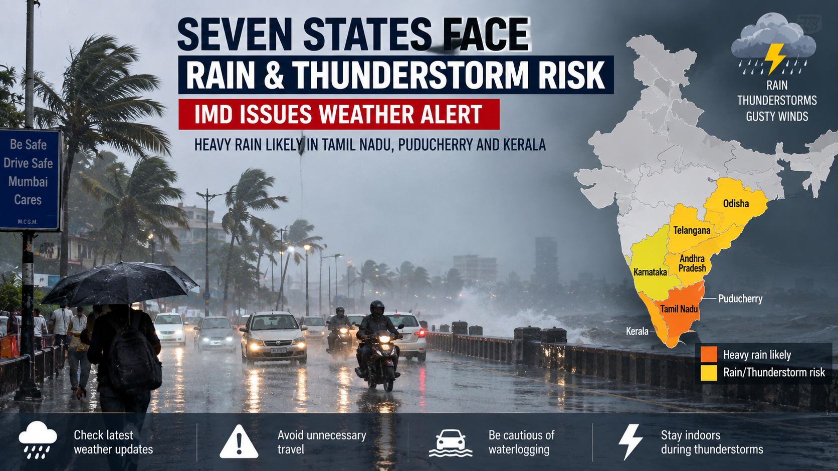 Seven Indian states face rain and thunderstorm risk, with heavy rainfall possible in Tamil Nadu, Puducherry and Kerala