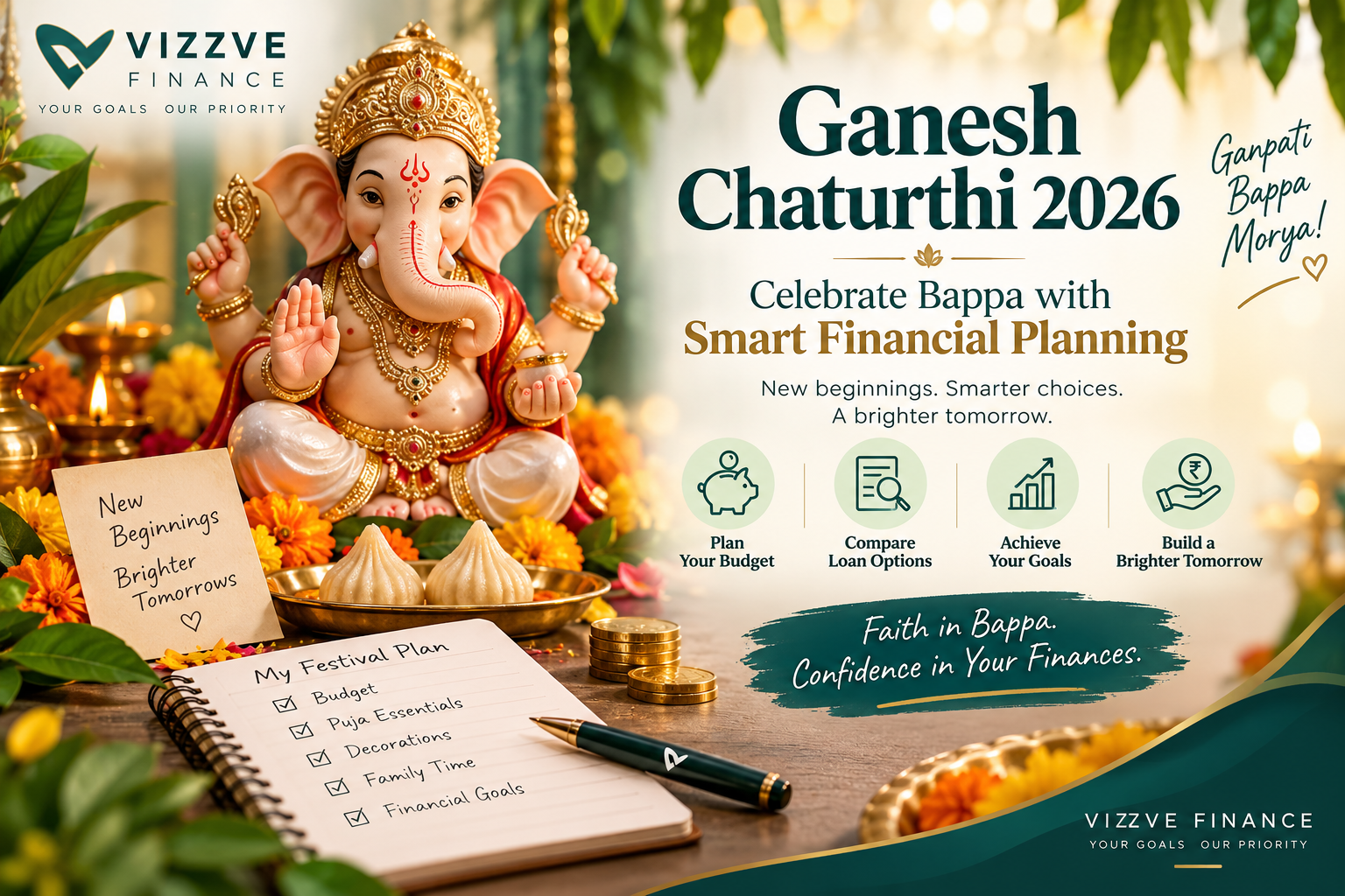 Ganesh Chaturthi 2026 celebration with Lord Ganesha, festive decorations and smart financial planning concept by Vizzve Finance.