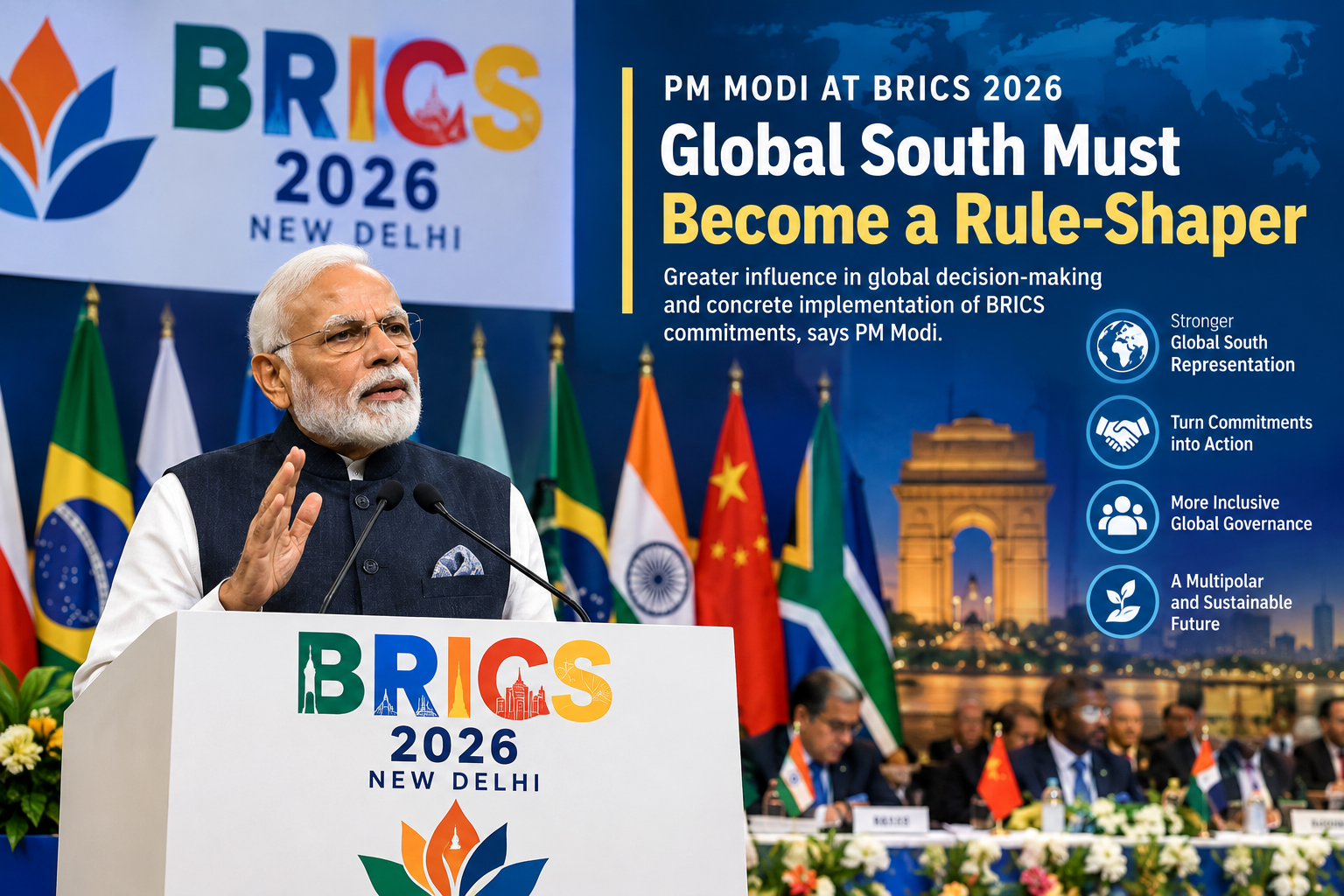 PM Narendra Modi addressing the BRICS 2026 Summit in New Delhi, calling for greater Global South influence in global decision-making and concrete implementation of BRICS commitments.