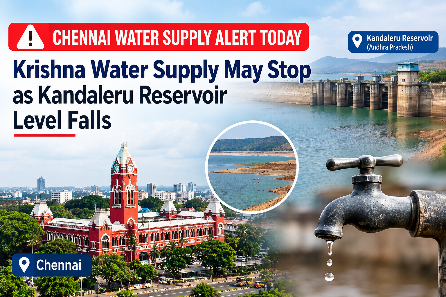 Chennai water supply alert as Krishna water supply may stop due to falling water levels at Kandaleru Reservoir in Andhra Pradesh.