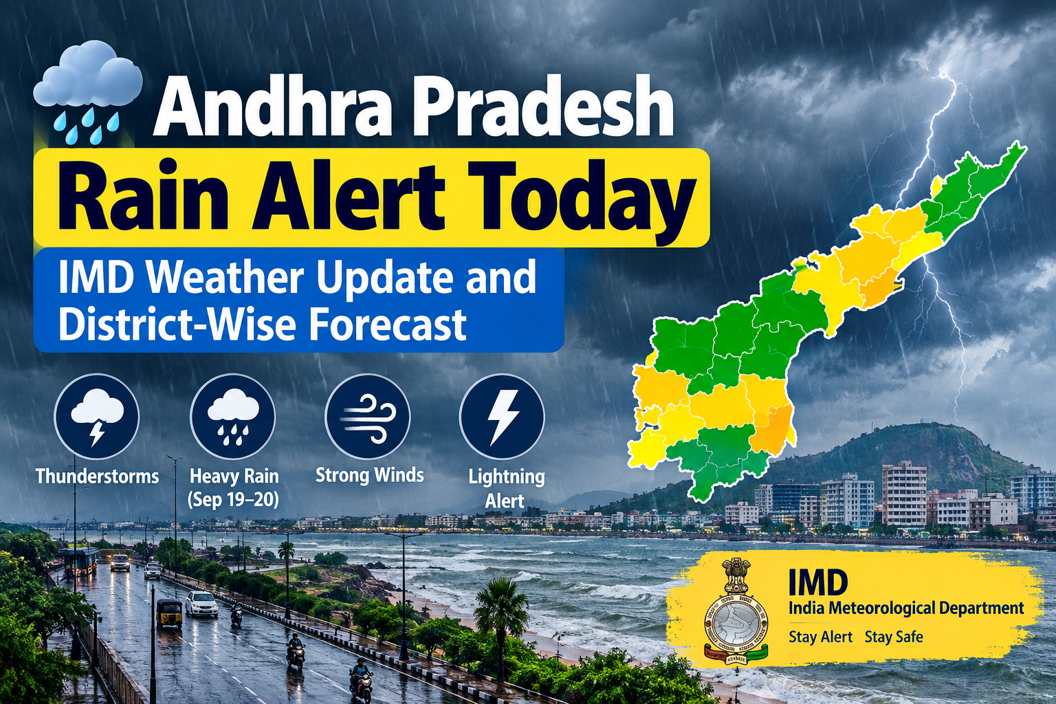 Andhra Pradesh Rain Alert Today showing IMD weather update, thunderstorms, lightning, strong winds, heavy rain forecast and district-wise weather conditions.