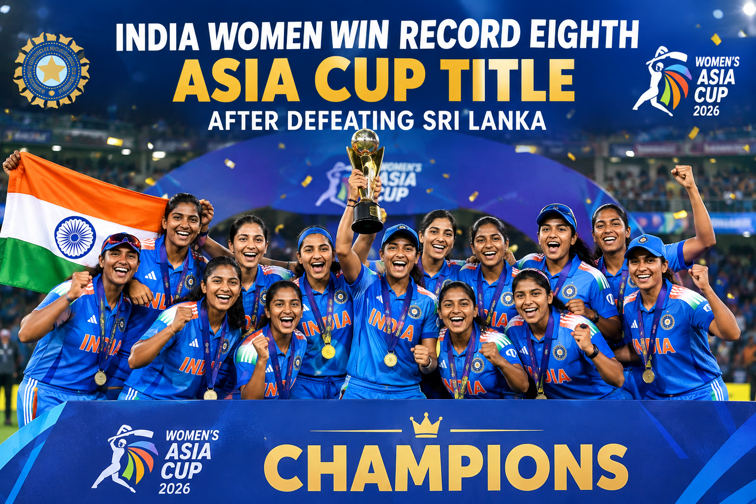 India Women celebrate winning a record eighth Women’s Asia Cup title after defeating Sri Lanka in the 2026 final