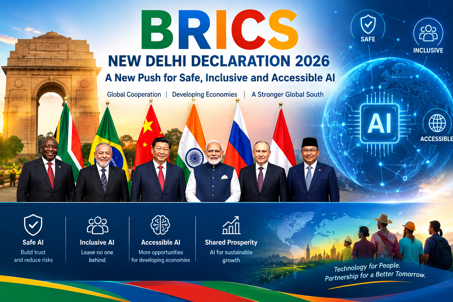 BRICS New Delhi Declaration 2026 highlighting safe, inclusive and accessible AI cooperation to help developing economies and the Global South benefit from emerging technologies.