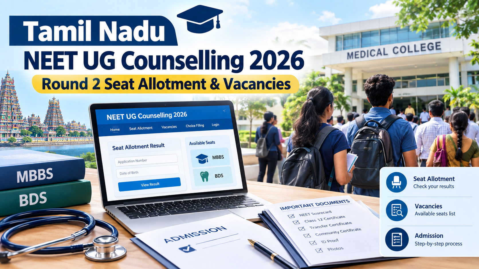 Tamil Nadu NEET UG Counselling 2026 Round 2 seat allotment, MBBS and BDS vacancies, and admission updates for medical students.