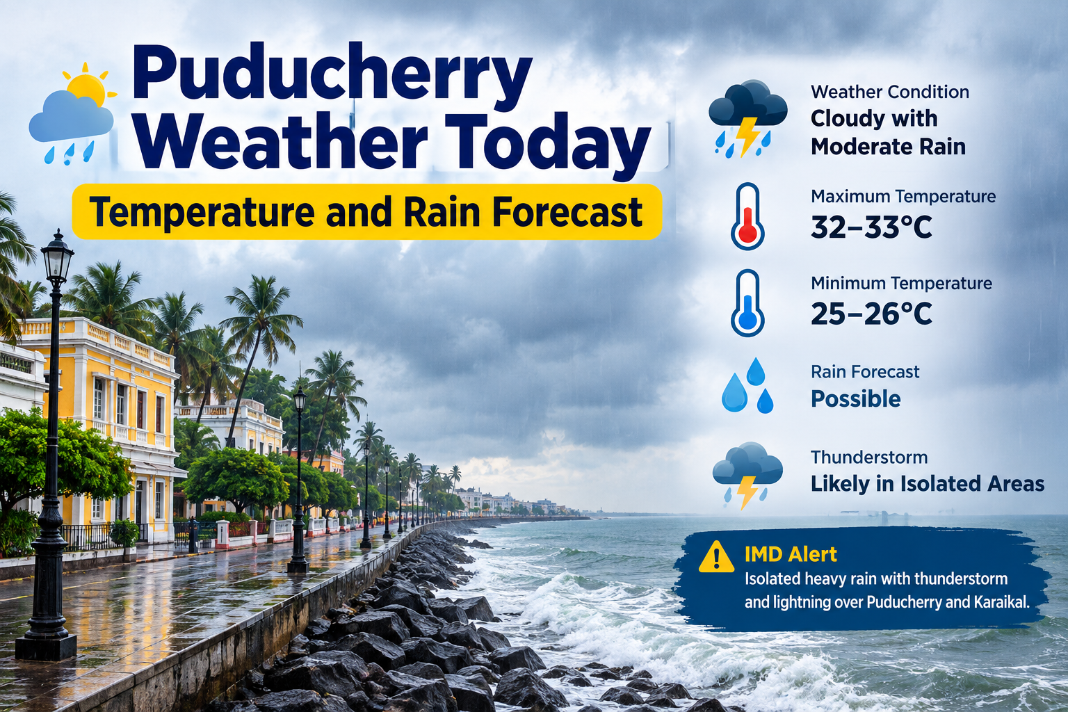 Puducherry weather today with temperature and rain forecast, showing cloudy skies, rainfall, and coastal weather conditions in Puducherry.