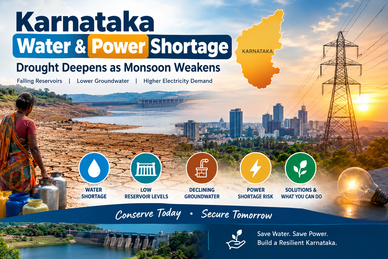 Karnataka water and power shortage 2026 showing drought-hit land, declining reservoir levels, Bengaluru skyline, electricity transmission towers and rising power demand.