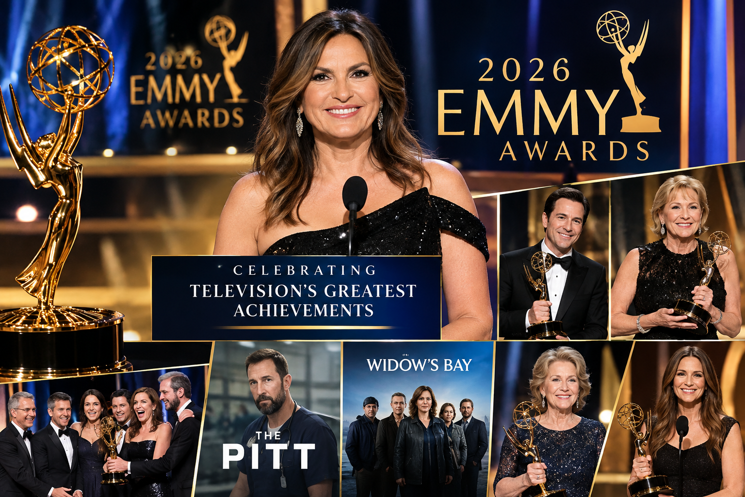 2026 Emmy Awards ceremony featuring Mariska Hargitay, Emmy trophies, major winners, and Hollywood stars celebrating television's biggest achievements.