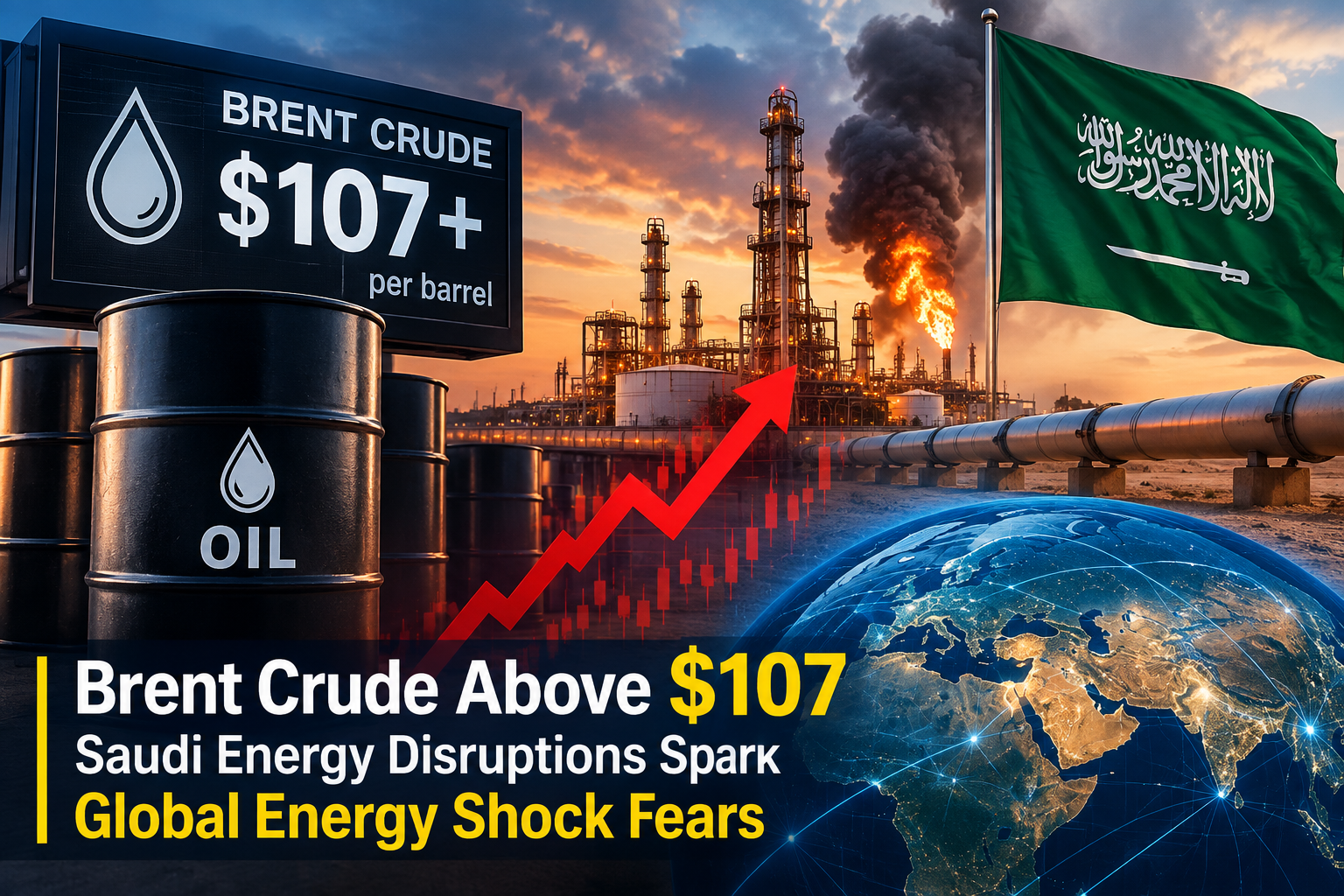Brent crude oil rises above $107 a barrel as Saudi energy infrastructure disruptions fuel global oil supply concerns and fears of a wider energy shock.