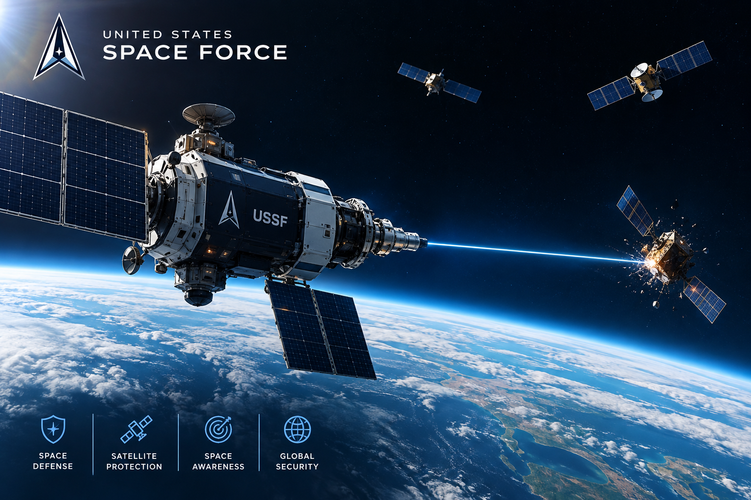 US Space Force on-orbit weapon concept showing a military spacecraft in Earth orbit, advanced space-defense technology, satellites, and the growing threat of space warfare.