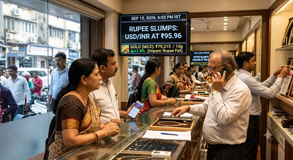 Indian rupee falling to ₹95.96 against the US dollar, with visuals of gold, loans, stock market charts, crude oil and the Indian economy in 2026.