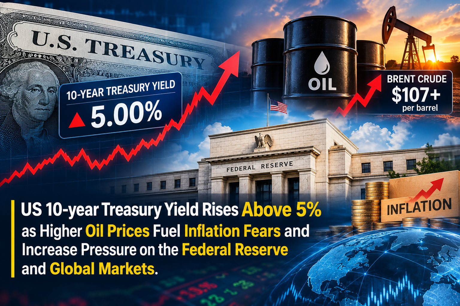 US 10-year Treasury yield rises above 5% as higher oil prices fuel inflation fears and increase pressure on the Federal Reserve and global markets.