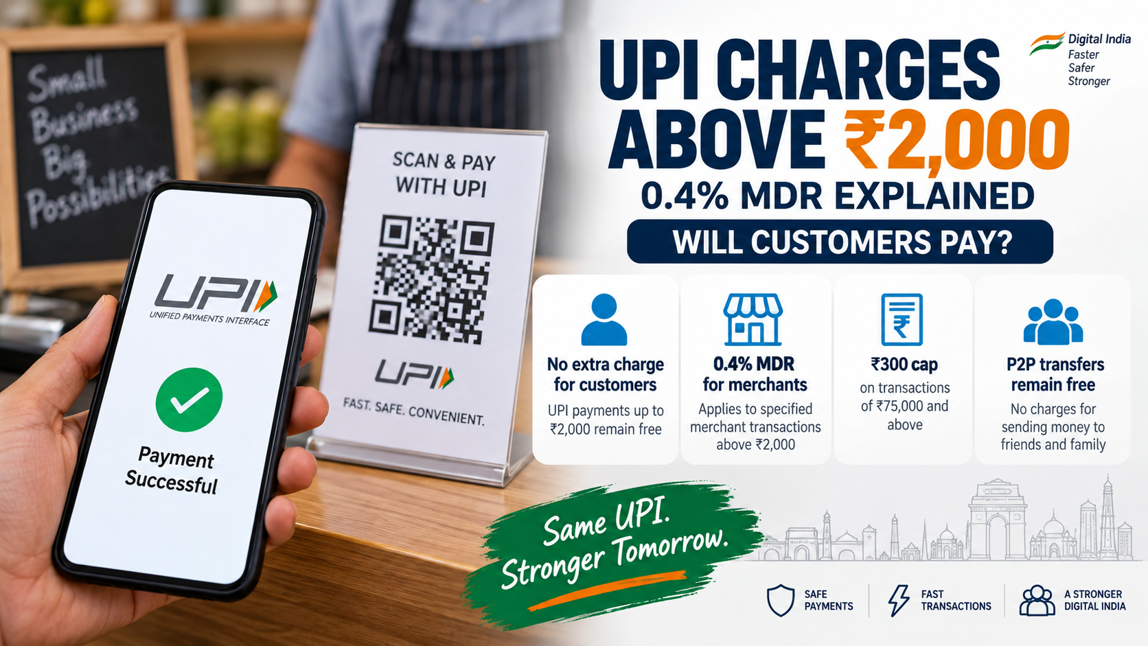 UPI charges explained as a 0.4% MDR applies to specified merchant transactions above ₹2,000 from October 15, 2026, while customers are not charged directly.