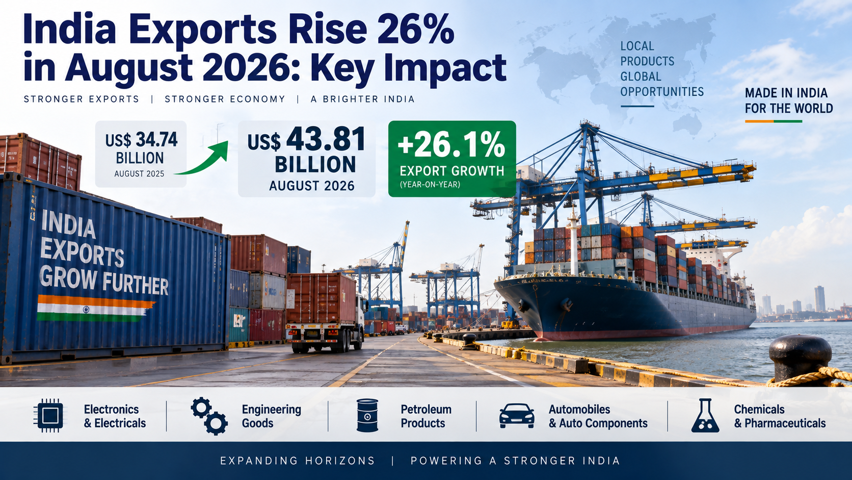 India’s merchandise exports rise 26.1% to $43.81 billion in August 2026, driven by electronics, engineering goods and petroleum products.