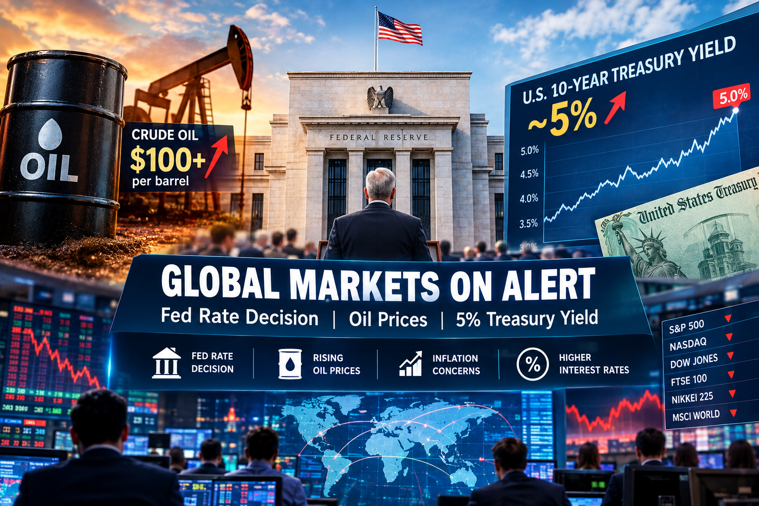 Global markets watching the Fed rate decision as oil prices rise and the U.S. 10-year Treasury yield approaches 5%, raising inflation and interest-rate concerns.
