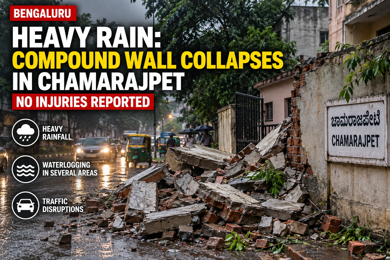 Chamarajpet Wall Collapses After Heavy Rain and Gusty Winds in Bengaluru