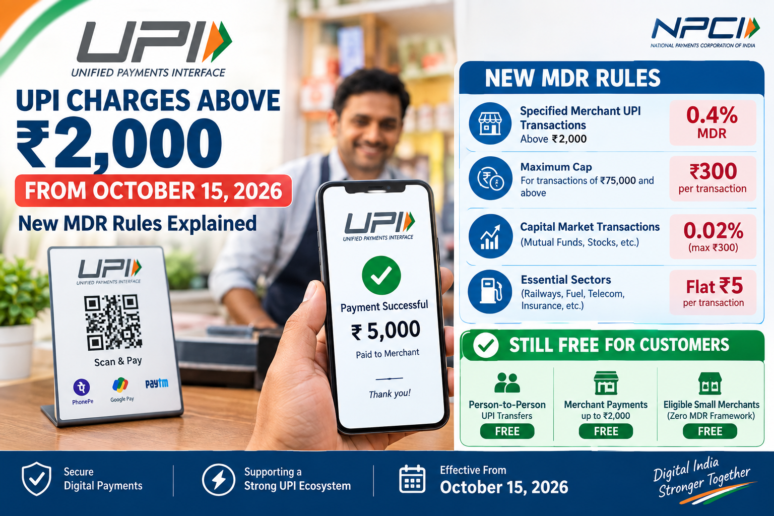 UPI charges above ₹2,000 from October 15, 2026, showing new 0.4% MDR rules for specified merchant transactions and free UPI payments for customers.