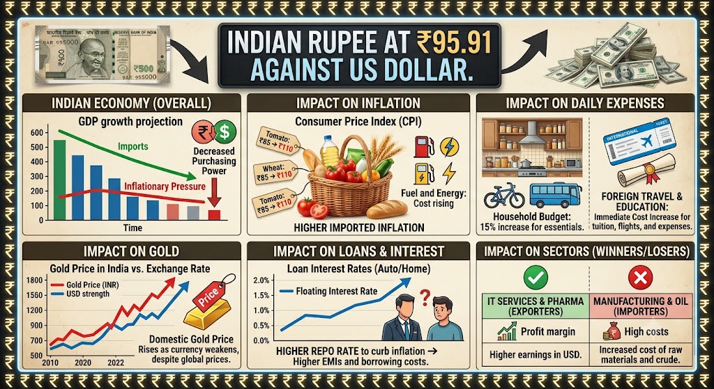 Indian rupee at ₹95.91 against US dollar showing impact of rupee depreciation on Indian economy, inflation, gold, loans and daily expenses