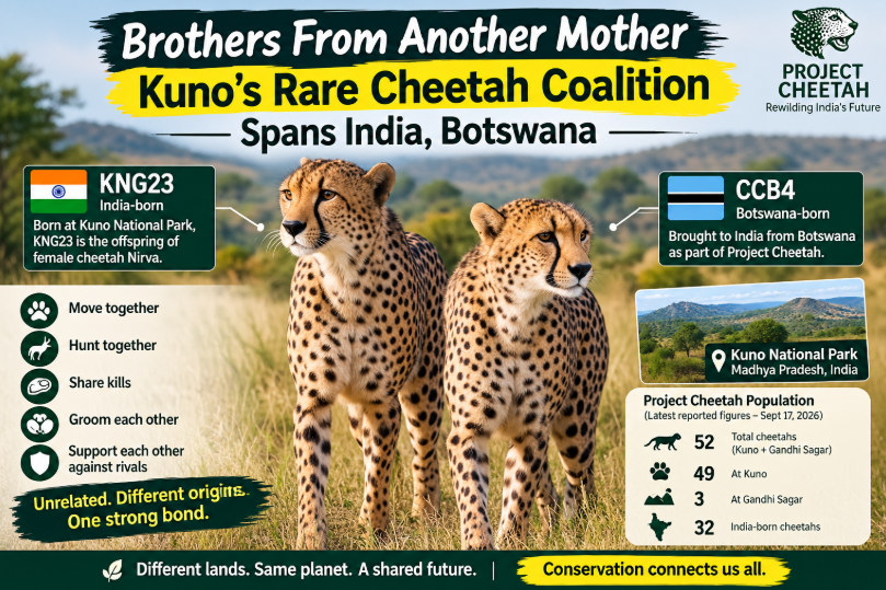 Kuno’s rare cheetah coalition featuring India-born KNG23 and Botswana-born CCB4 at Kuno National Park