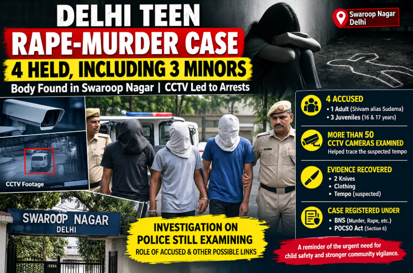 Delhi Swaroop Nagar minor rape-murder case as police apprehend four accused, including three juveniles, after a CCTV-led investigation