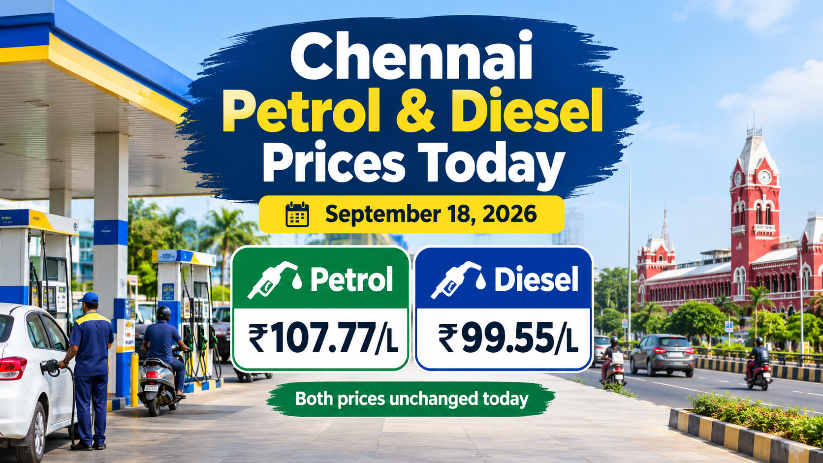 Chennai petrol and diesel prices today, September 18, 2026, showing petrol at ₹107.77 per litre and diesel at ₹99.55 per litre.