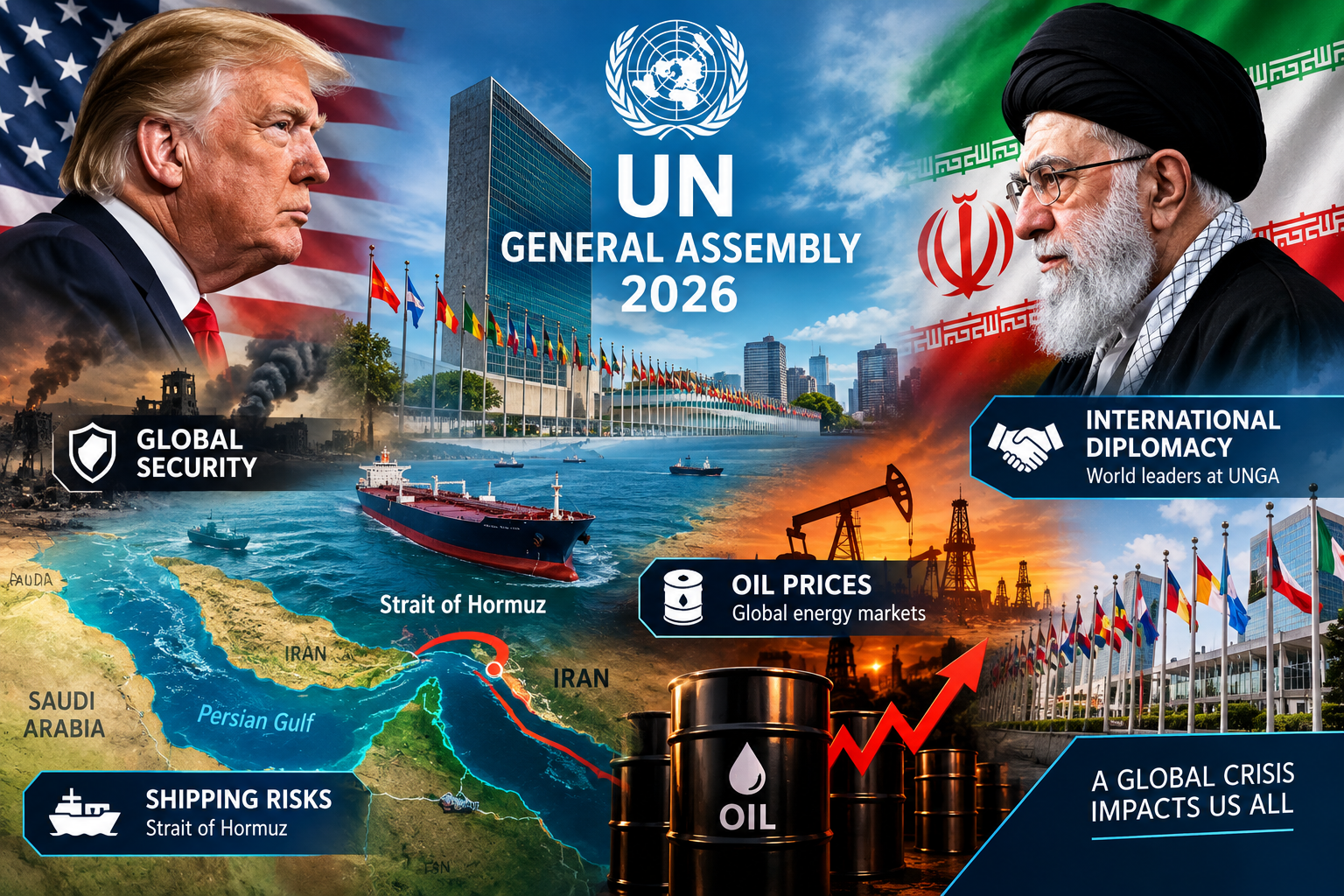 U.S.–Iran conflict ahead of the 2026 UN General Assembly, highlighting global security concerns, Strait of Hormuz shipping risks, oil prices and international diplomacy.