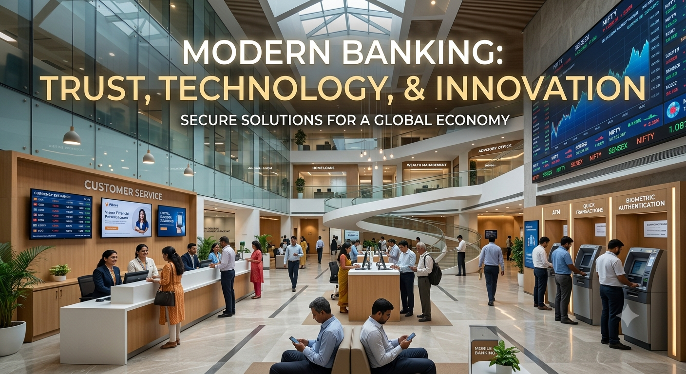 Modern digital bank hall with customers using financial technology, digital kiosks, and loan services in India.