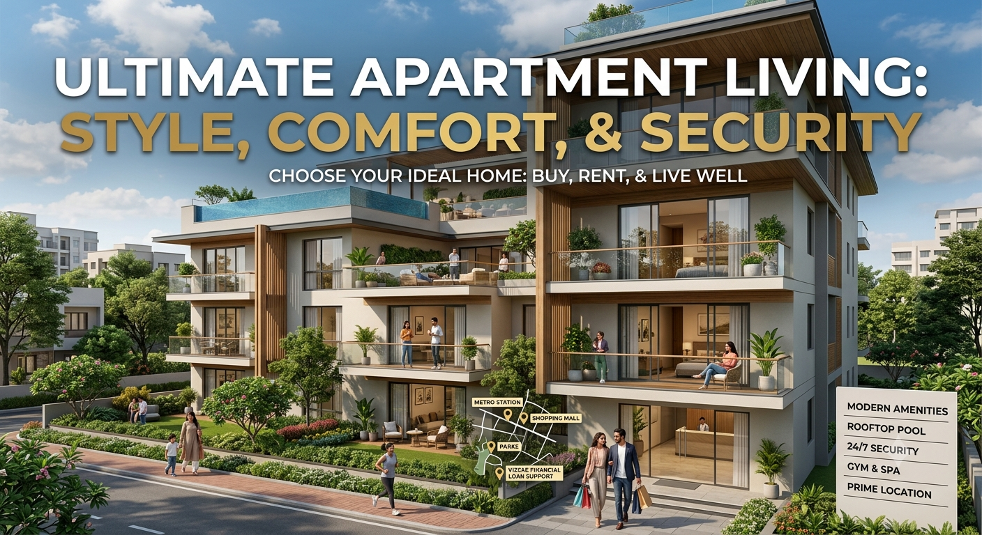 A stylish, modern multi-story apartment building in an urban setting with a rooftop pool, visible residents, and overlaid gold and white text reading 'ULTIMATE APARTMENT LIVING: STYLE, COMFORT, & SECURITY'.