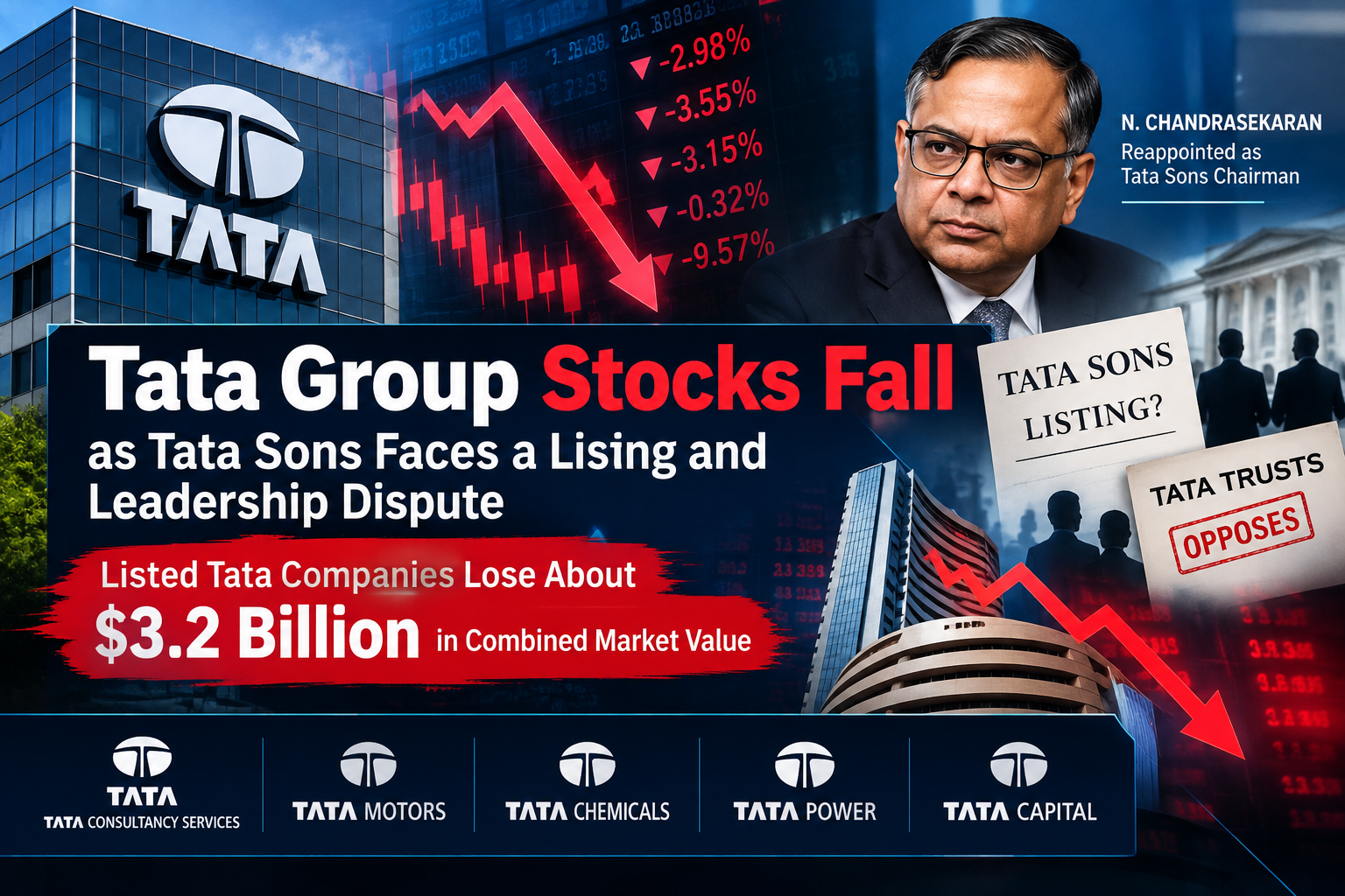Tata Group stocks fall as Tata Sons faces a listing and leadership dispute, with listed Tata companies losing about $3.2 billion in combined market value.