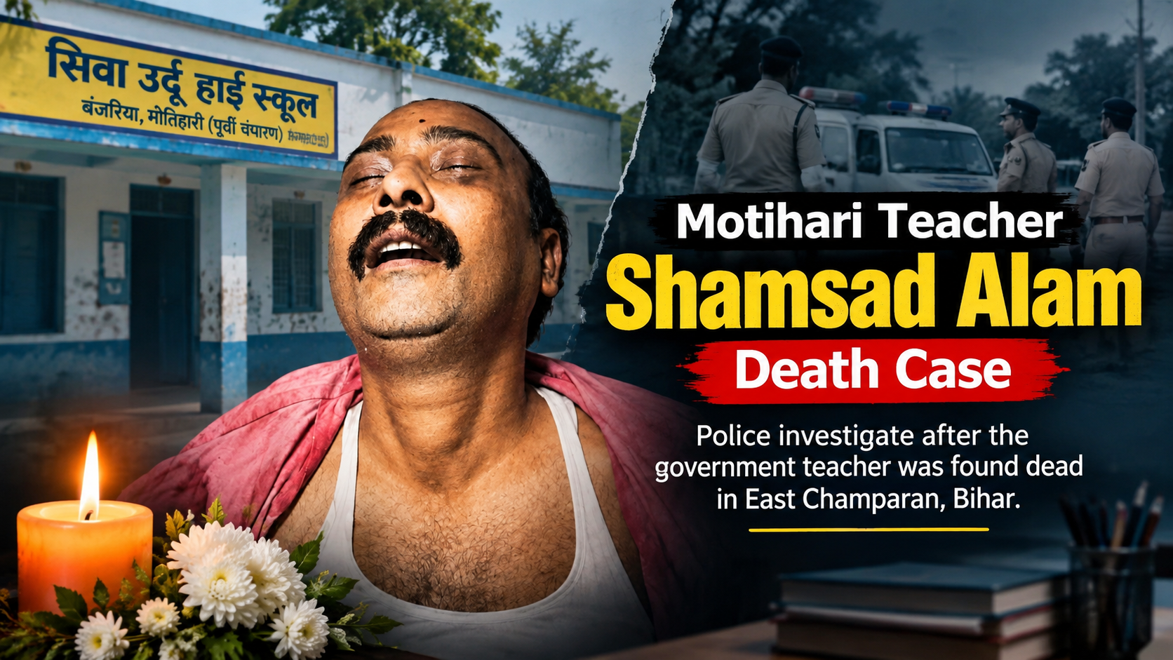 Motihari teacher Shamsad Alam death case showing a government school, police investigation and local residents demanding justice in East Champaran, Bihar.