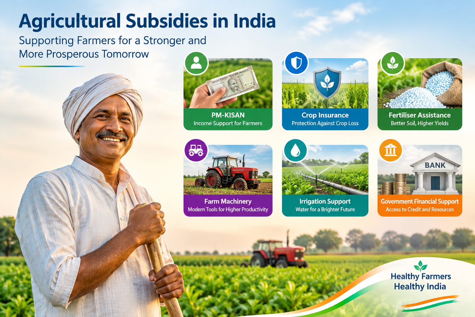 Agricultural subsidies in India supporting farmers through PM-KISAN, crop insurance, fertiliser assistance, farm machinery, irrigation and government financial support.