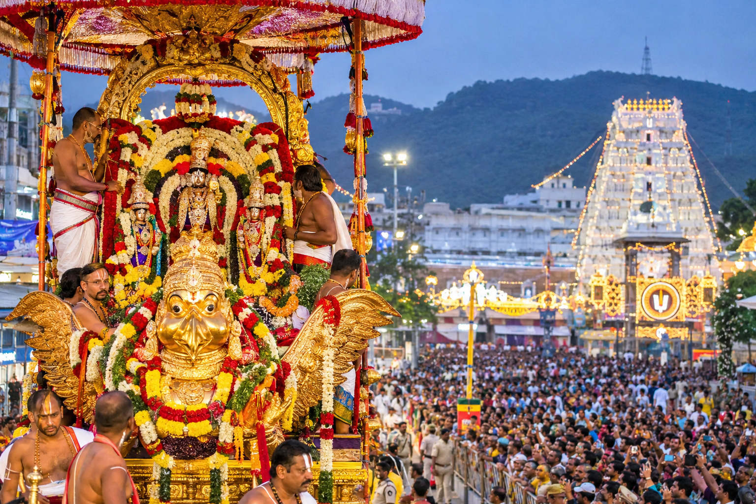 Tirumala Garuda Seva 2026 witnessed a massive gathering of lakhs of devotees to see Lord Malayappa Swamy on the golden Garuda Vahanam during the annual Brahmotsavams at Tirumala, Andhra Pradesh.