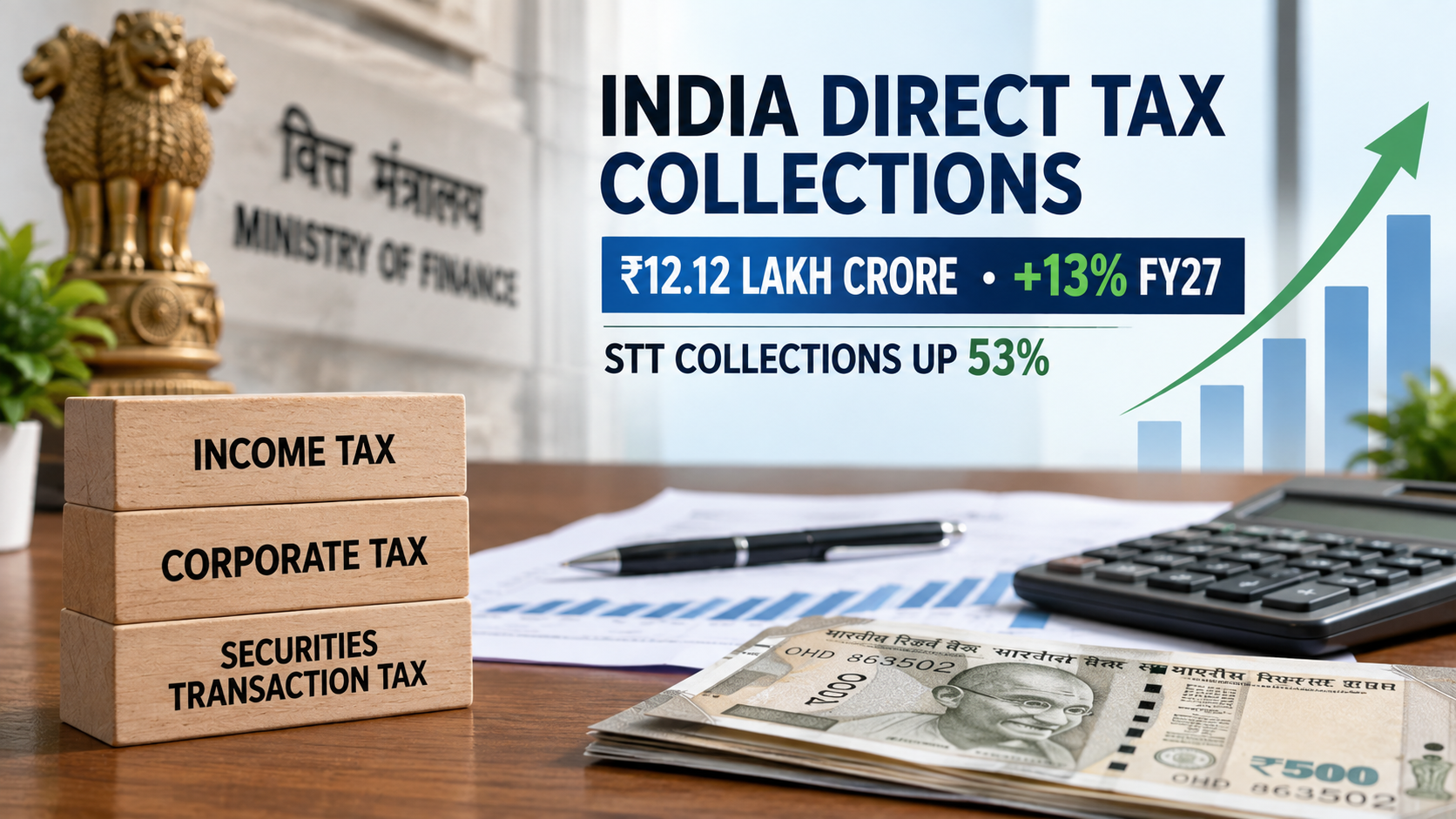 India’s net direct tax collections rise 12.96% to ₹12.12 lakh crore in FY27, supported by corporate tax and advance tax growth.
