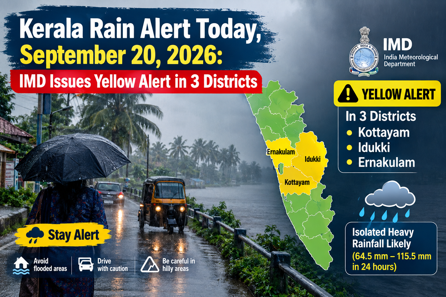 Kerala Rain Alert Today, September 20, 2026, as IMD issues a yellow alert for Kottayam, Idukki and Ernakulam districts, warning of isolated heavy rainfall.