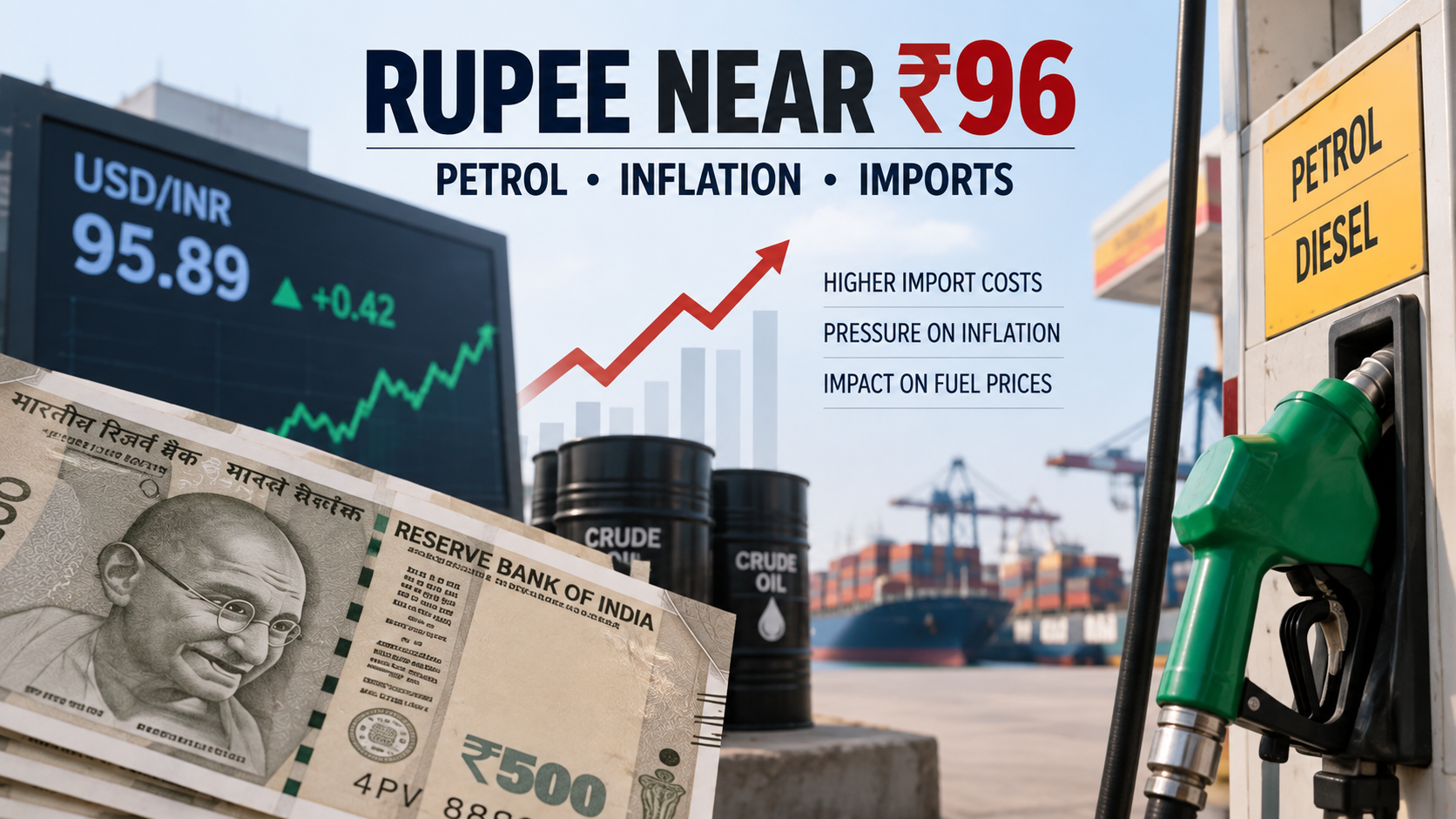 Indian rupee near ₹96 against the US dollar with petrol pump, crude oil barrels and inflation chart.